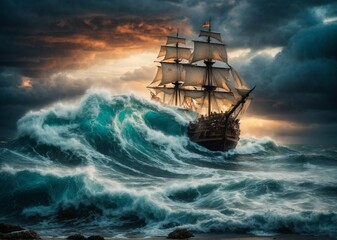 Vintage 18s ship in the ocean oil painting, Old sail ship braving the waves of a wild stormy sea at night. Generative AI.
