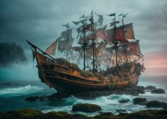 Vintage 18s ship in the ocean oil painting, Old sail ship braving the waves of a wild stormy sea at night. Generative AI.
