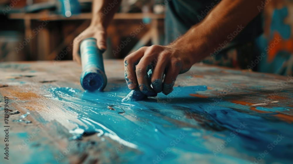 Poster A close up view of a person actively engaged in painting on a table. This image can be used to depict creativity, artistry, and the process of creating artwork