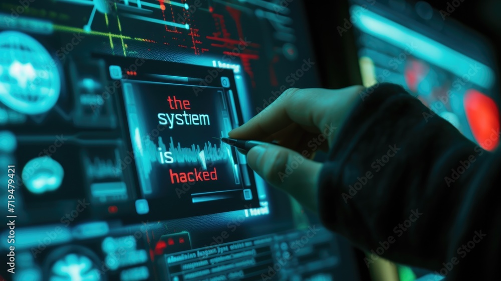 Poster A person is seen touching a button on a computer screen. This image can be used to illustrate technology, interaction, or digital communication