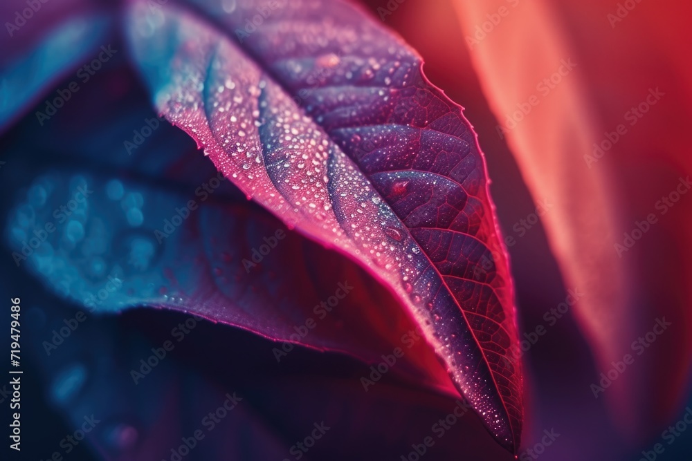 Poster a detailed close-up of a leaf with sparkling water droplets. perfect for nature-themed designs and e