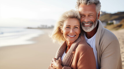Obraz premium Elderly Caucasian couple hugging on the beach.