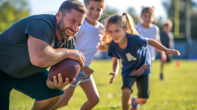 Elementary school coach playing American football with his students