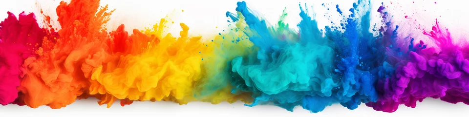 Foto op Plexiglas colorful rainbow holi paint color powder explosion isolated white wide panorama background © Art Coloring