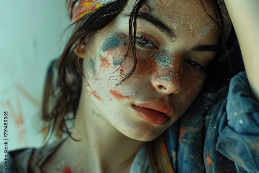 Poster a woman with paint covering her entire face. this image can be used for artistic projects or to depi
