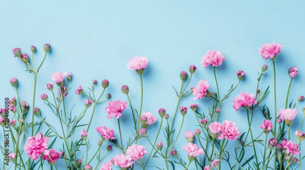 Sticker Pink carnations arranged against a vibrant blue background. Suitable for floral designs and backgrounds