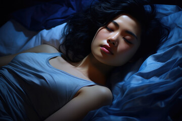 Woman laying in bed with her eyes closed. Can be used to depict relaxation, sleep, or peace