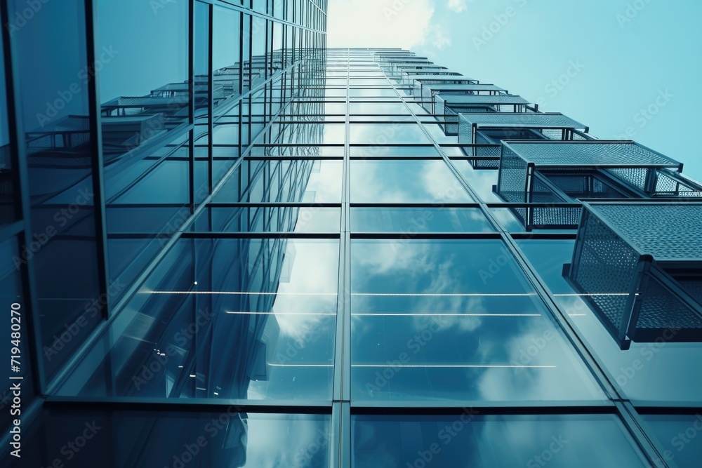 Poster a tall glass building with a clear blue sky in the background. this image can be used to depict mode