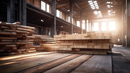 wooden planks at a lumber warehouse, showcasing the intricate details and textures. The background feature an array of boards to convey the warehouse environment.