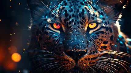 Close up of a leopard's face on a black background Ai generated art - obrazy, fototapety, plakaty