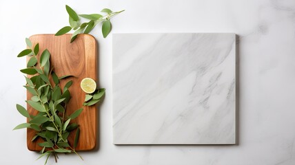 a wooden cutting board adorned with a linen napkin and a delicate eucalyptus sprig, elegantly arranged on a marble table with ample copy space.