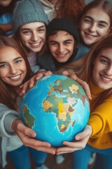 A group of young people holding a globe in their hands. Suitable for educational and environmental themes