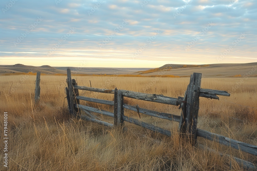 Poster A wooden fence standing in the middle of a picturesque field. Ideal for adding a touch of rustic charm to any project