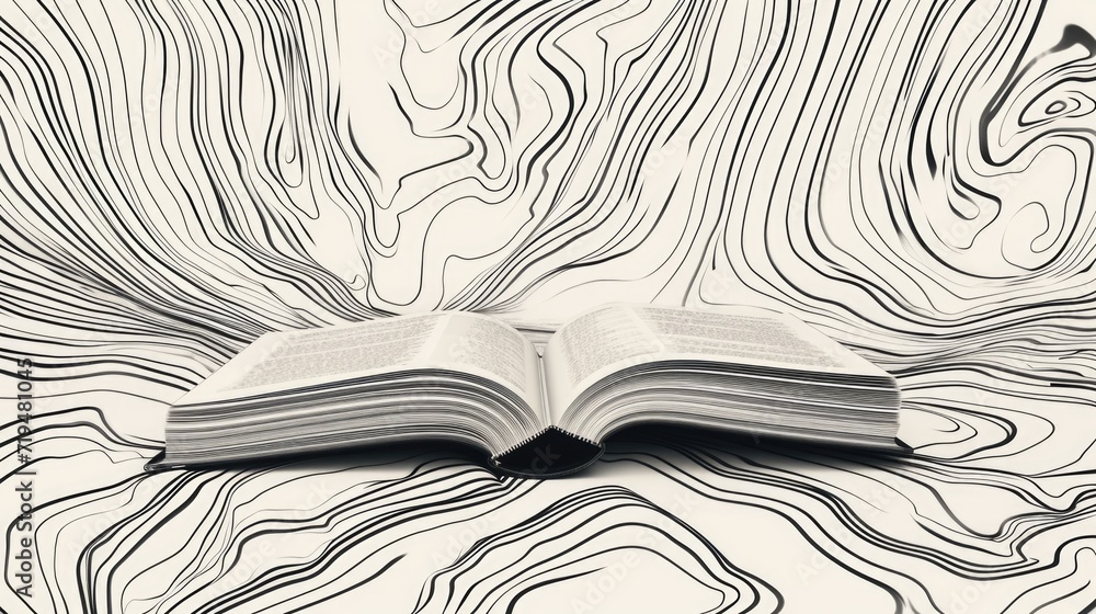 Poster An open book resting on a table. Can be used for educational or reading-related concepts