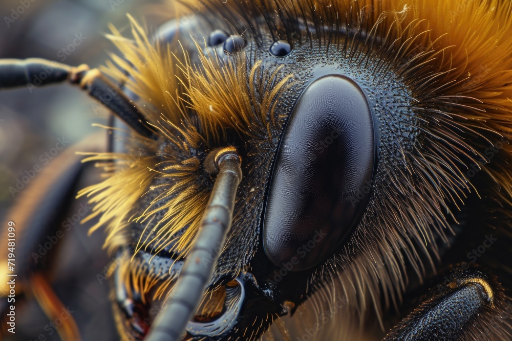 Poster A detailed close-up view of a bee's face. Can be used to showcase the intricate details of a bee or as a representation of nature and pollinators