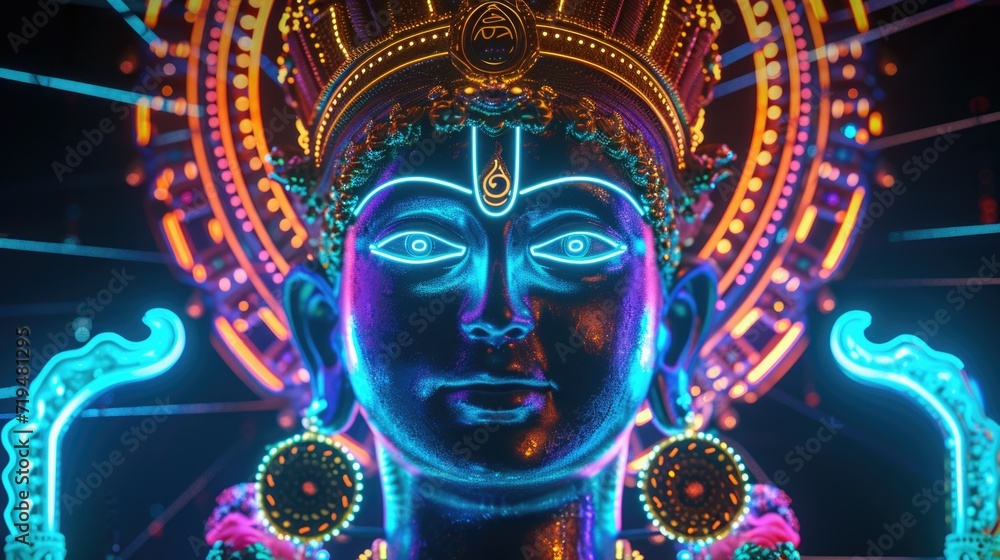 Aufkleber A detailed close up of a statue illuminated by neon lights. Perfect for adding a modern and vibrant touch to any project