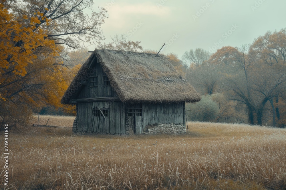 Poster An old barn in a field with trees in the background. Perfect for rustic or countryside themed projects
