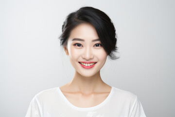 Woman wearing white shirt smiles at camera. This versatile image can be used for various purposes