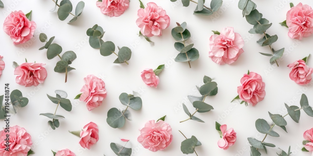 Aufkleber pink flowers and green leaves arranged on a white surface. suitable for various floral and nature-re
