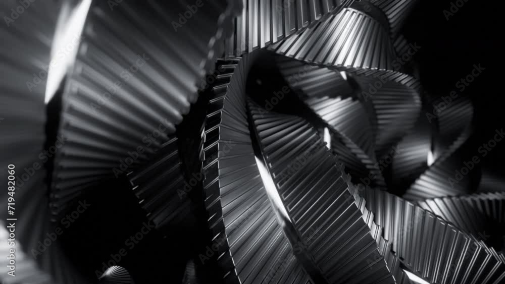 Poster animation of moving metal lines in twisted spiral. design. 3d spiral randomly twisting from metal li