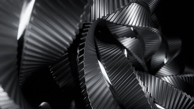 Animation of moving metal lines in twisted spiral. Design. 3D spiral randomly twisting from metal lines. Abstract tangled spiral with metallic 3d lines