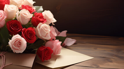 Bouquet of roses and envelope on wooden table, closeup