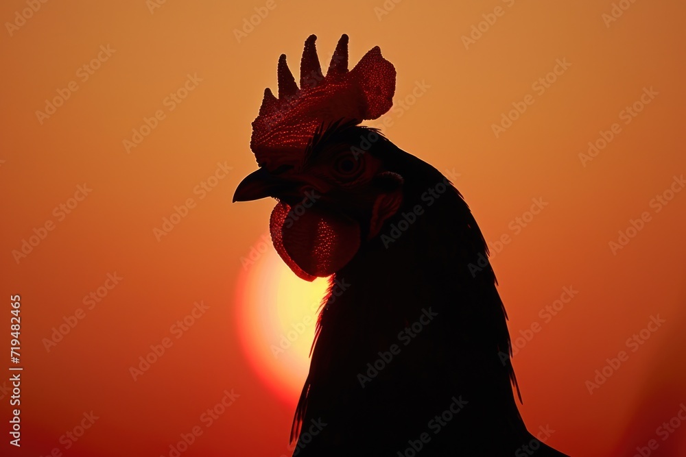 Poster a stunning image of a rooster silhouetted against the setting sun. perfect for adding a touch of nat