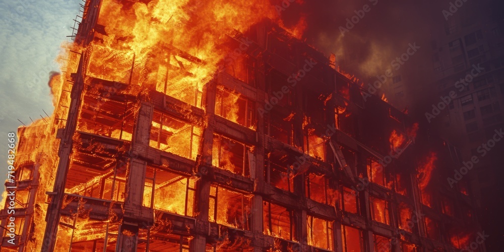 Poster a large fire engulfing a building, creating a dangerous and intense situation. this image can be use