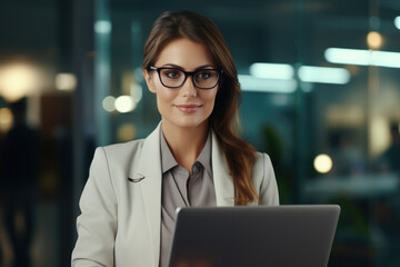 Woman wearing glasses is using laptop. This image can be used to represent technology, work, studying, or online communication