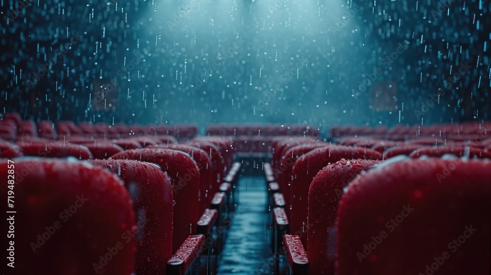 Aufkleber rows of red seats in a theater, with rain falling outside. perfect for capturing the atmosphere of a