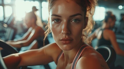 A young woman is seen sitting on a stationary bike in a gym. This image can be used to promote fitness, exercise, and a healthy lifestyle
