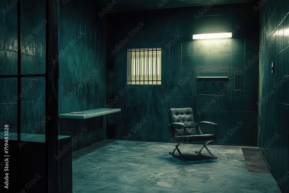 Poster A chair sits alone in a dark room with a window. This image can be used to depict solitude or a mysterious atmosphere