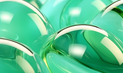Abstract background with green and blue fluid glass bubbles.