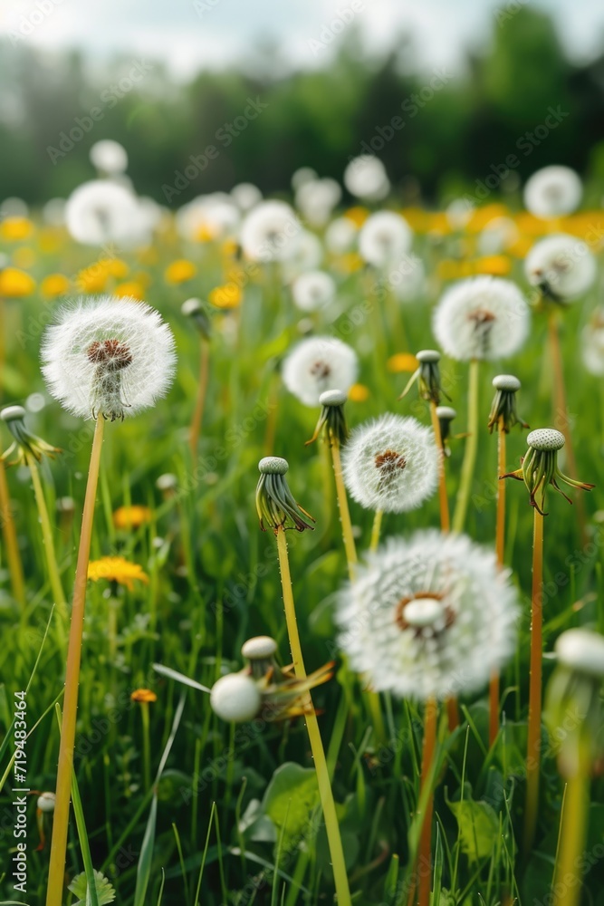 Poster a field full of yellow dandelion flowers. perfect for nature and springtime concepts