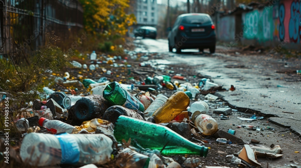 Poster a street filled with garbage next to a car. suitable for illustrating environmental pollution and wa