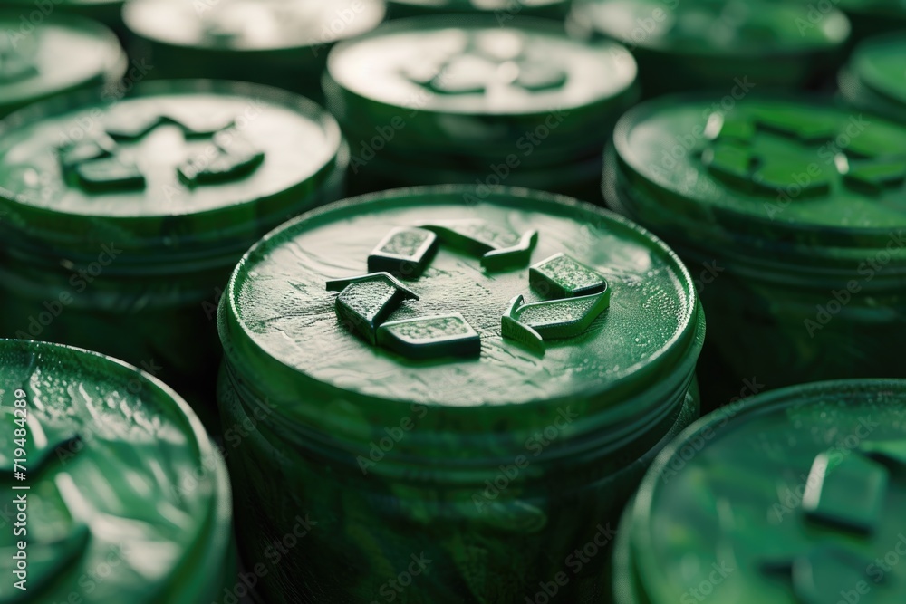 Poster green trash cans with a recycling symbol on them. can be used to illustrate waste management or recy