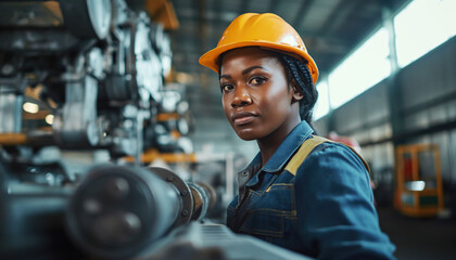 Professional heavy Industry female worker using industrial machine - obrazy, fototapety, plakaty