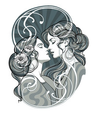 Sensual definitely in love same-sex couple of two girlfriends. Erotic sexual tension in anticipation of a kiss. Vector poster, postcard made in retro Art Nouveau  style. Happy Valentine's Day