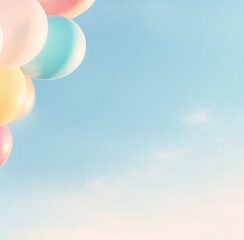 Multicolored pastel  balloons over blue sky pastel background, celebration, happy birthday and new year