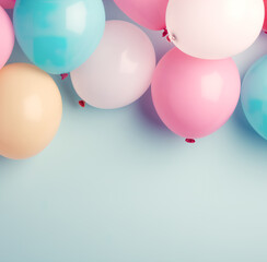 Multicolored pastel  balloons over blue pastel background, celebration, happy birthday and new year