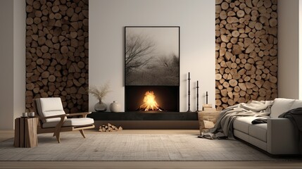 a neatly stacked pile of chopped firewood positioned near a warmly burning fireplace in a minimalist living room with modern-style decor.