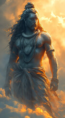 Lord Shiva, true form and attire,walking out of clouds in the sky