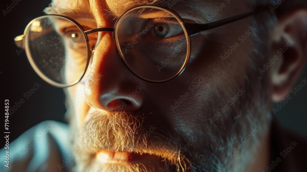 Poster A close-up view of a man with glasses and a beard. This image can be used for various purposes