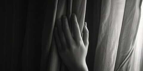A woman's hand can be seen peeking out from behind a curtain. This image can be used to depict curiosity, mystery, or anticipation