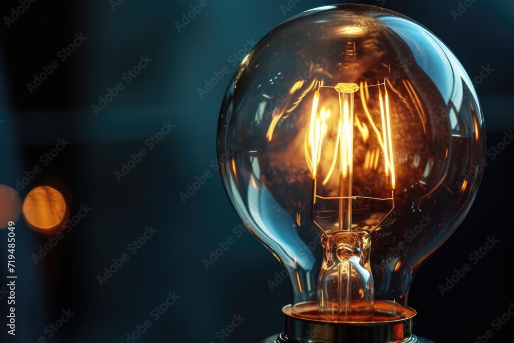 Poster A close up view of a light bulb sitting on a table. This versatile image can be used to represent ideas, creativity, innovation, and energy. Perfect for various projects and concepts