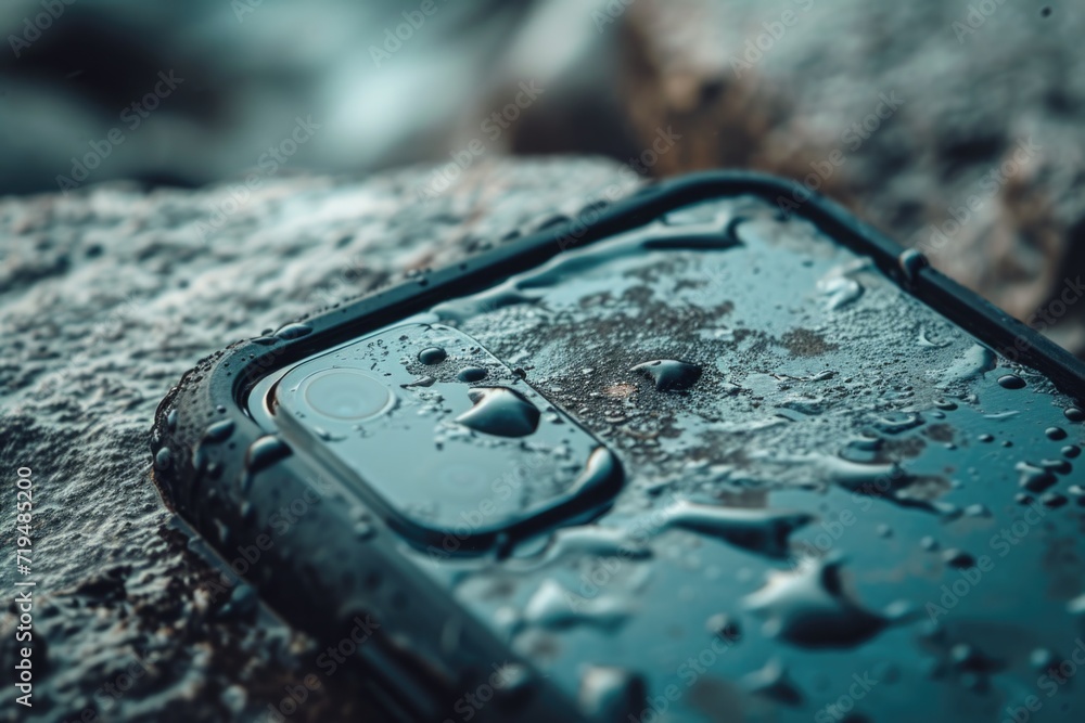 Poster A close up image of a cell phone resting on a rock. This versatile picture can be used in various projects