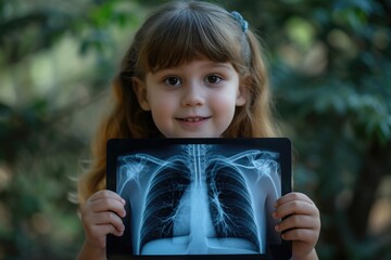 A little girl holds up an x-ray picture. This image can be used to illustrate medical diagnostics or the importance of healthcare - obrazy, fototapety, plakaty