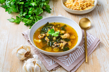 Homemade miso mushroom soup with vegetable and kale