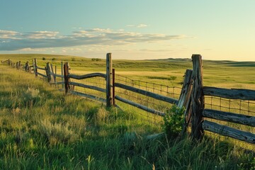 A picture of a wooden fence in a peaceful grassy field. This image can be used to represent nature, tranquility, and rural landscapes