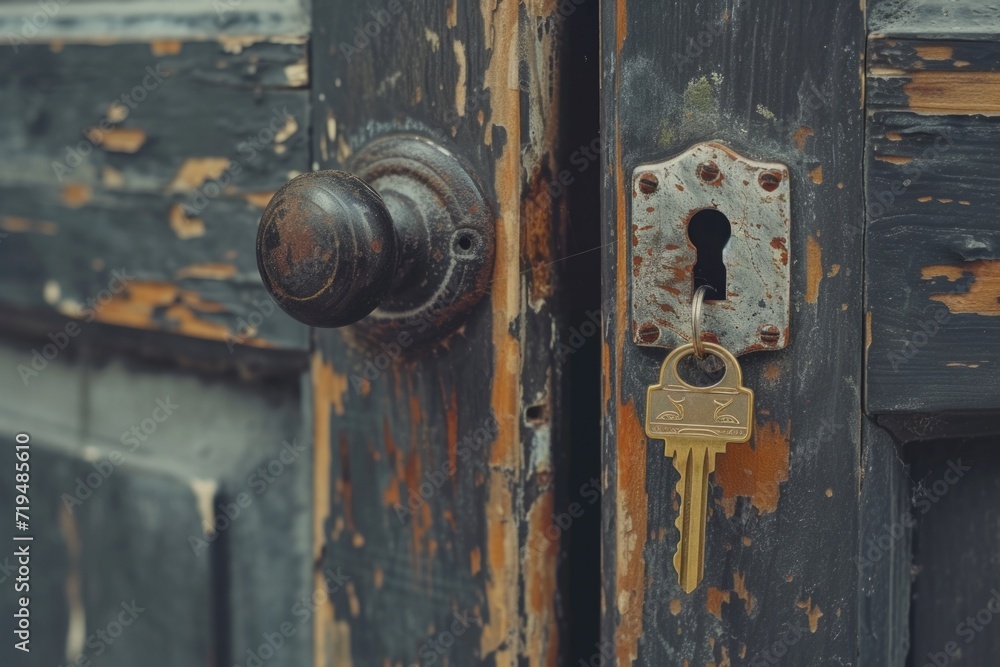 Aufkleber A close-up view of a door with a key on it. This image can be used to depict security, access, or the concept of unlocking something
